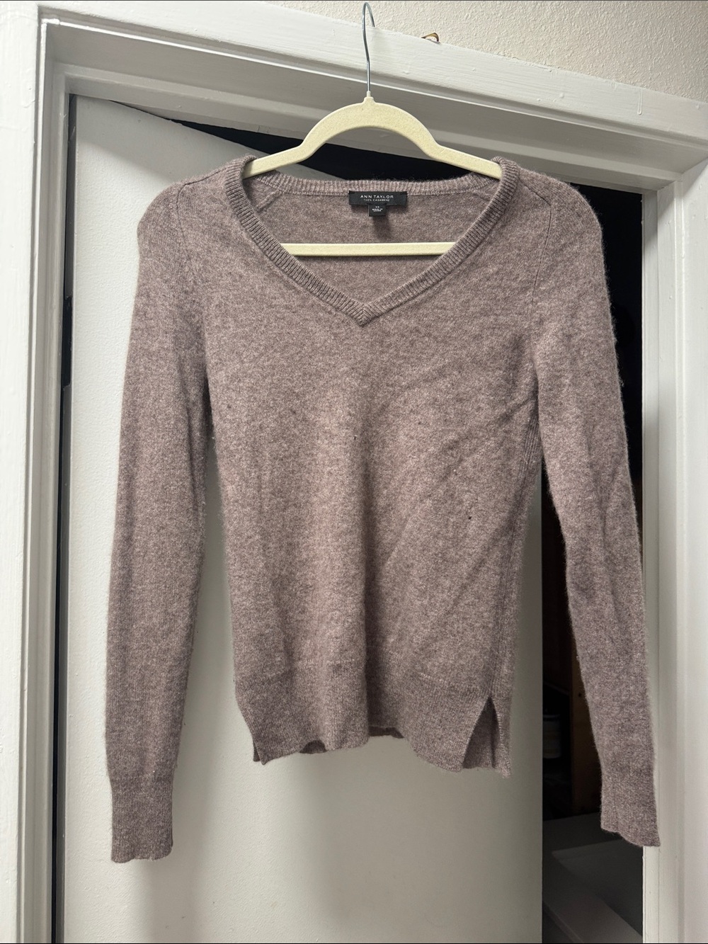 Ann Taylor 100% Cashmere- Mauve-Taupe V-Neck Sweater